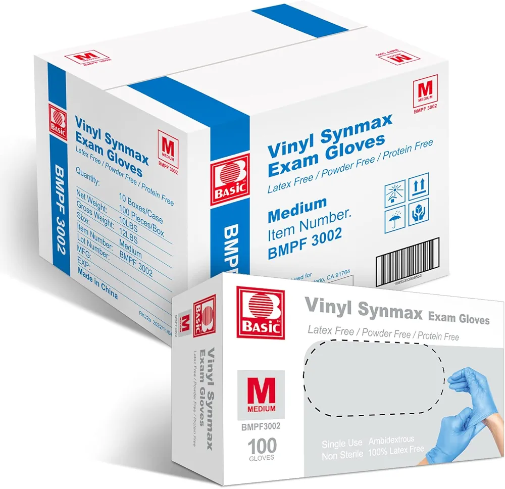 Basic Medical Synmax Vinyl Exam Gloves - Latex-Free & Powder-Free Disposable Glove - Medium, BMPF-3002(1000 Pcs)