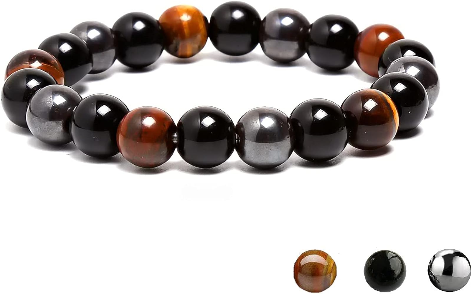 Triple Protection Bracelet for Protection Bring Luck and Prosperity Hematite Black Obsidian Tiger Eye Stone, Fengshui Bracelet for Women Men Adjustable Elastic
