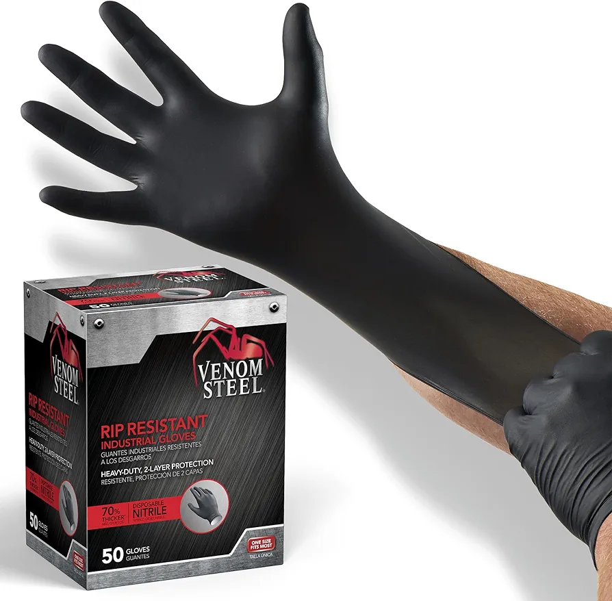 Venom Steel Industrial Nitrile Gloves, Chemical Resistant Disposable Black Gloves, Latex-Free, Powder-Free, Textured Grip, Heavy Duty Two-Layer Protection, 6 mil, One Size Fits Most, 50 Count