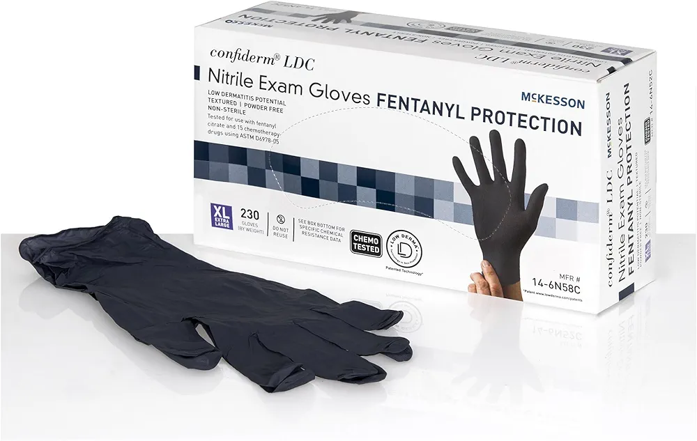 McKesson Confiderm LDC Low-Derma Nitrile Exam Gloves with Fentanyl Protection - Powder-Free, Latex-Free, Non-Sterile - Blue, Size XL, 230 Count, 1 Box