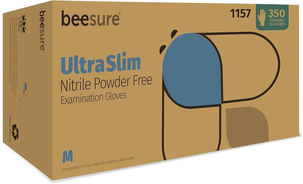 BeeSure UltraSlim Blue Nitrile Powder-Free Exam Gloves, Pack of 350, Medium, 2.0 Mil