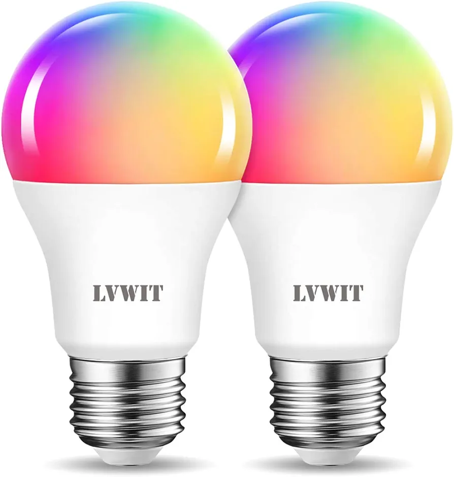 LVWIT Smart Light Bulb 2 Pack, A19 Smart LED, Work with Alexa, Smart Life App, Tuya App, 8.5W (60W Replacement), 2700K-6500K, E26 RGB Color Changing Bulb, No Hub Required