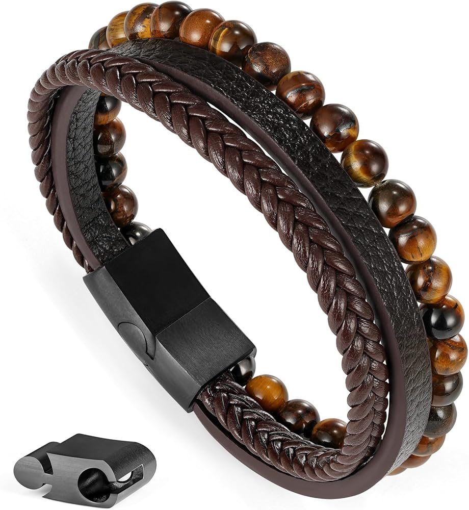 Layered Leather Beads Bracelets for Men,Braided Leather Tiger Eye Lava Rock Stone Bracelets for Men with Stainless Steel Magnetic Clasp Mens Leather Beaded Bracelets Jewelry Anxiety Stress Relief Gift
