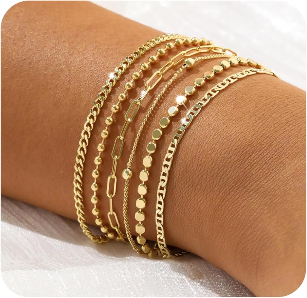 Dainty 14K Gold Bracelets for Women - Waterproof Stackable Gold Bracelet Set - Perfect for Stylish Women