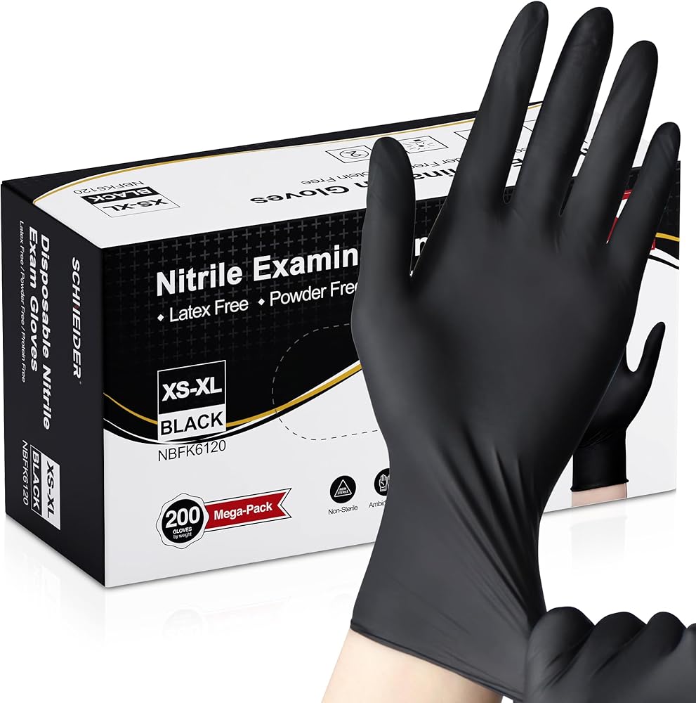 Schneider Nitrile Exam Gloves -X-Small, 200-ct Box,Black Disposable Gloves Latex-Free, Powder-Free, Food Safe, Medical Gloves for Cooking, Cleaning, Examination
