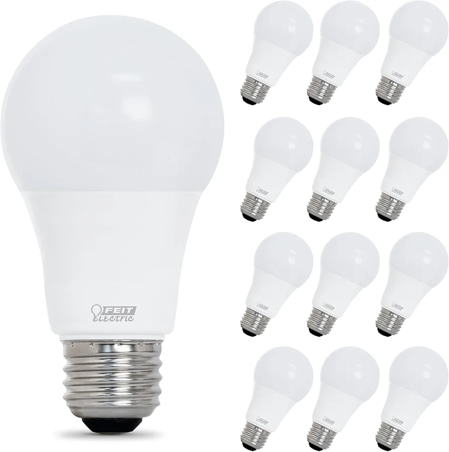 Feit Electric A19 LED Light Bulb, 75W Equivalent, Dimmable, 1100 Lumens, E26 Standard Base, 5000K Daylight, 90 CRI, Standard Light Bulb, Damp Rated, 22-Year Lifetime, OM75DM/950CA/2/6, 12 Pack