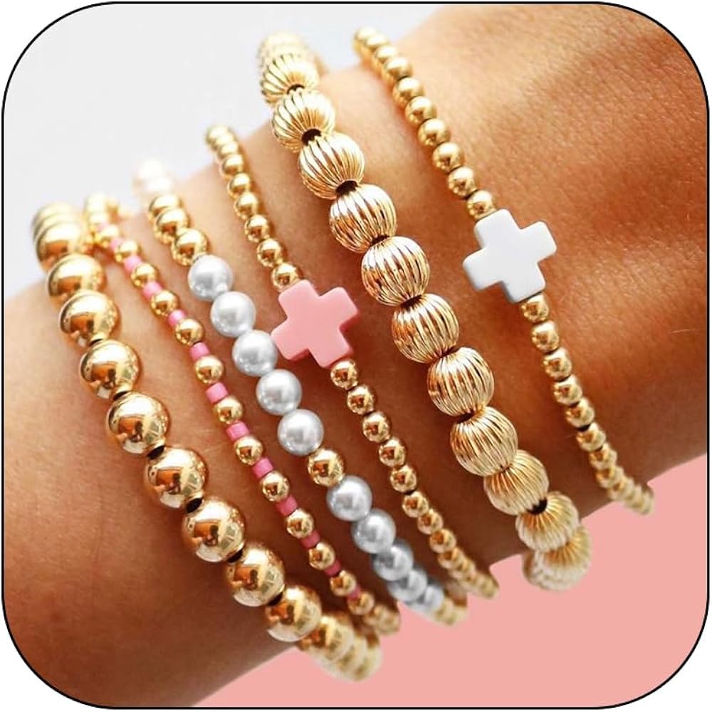 choice of all Gold Bracelets for Women Trendy Beaded Bracelet Non Tarnish Stack Cross Pearl Beaded Stretch Bracelets Jewelry Gifts for Women