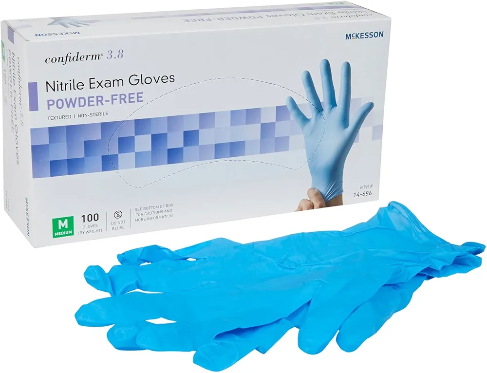 McKesson Confiderm 3.8C Nitrile Exam Gloves, Non-Sterile, Powder-Free, Blue, Medium, 100 Count, 1 Box