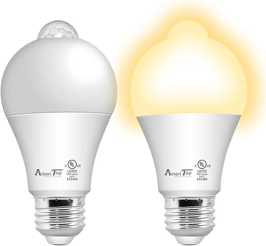 AmeriTop Motion Sensor Light Bulb- 2 Pack, 10W(60W Equivalent) 806lm Motion Activated Dusk to Dawn Security LED Bulb; UL Listed, A19, E26, Auto On/Off Indoor Outdoor Lighting (2700K Soft White)