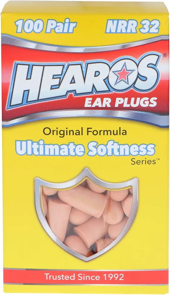 All one tech Hearos Ultimate Softness Foam 32dB NRR Soft Ear Plugs, Noise Reduction for Hearing Protection, Sleeping, Snoring, Working, Shooting, Tan, 100 Pairs, 200 Count (5299)