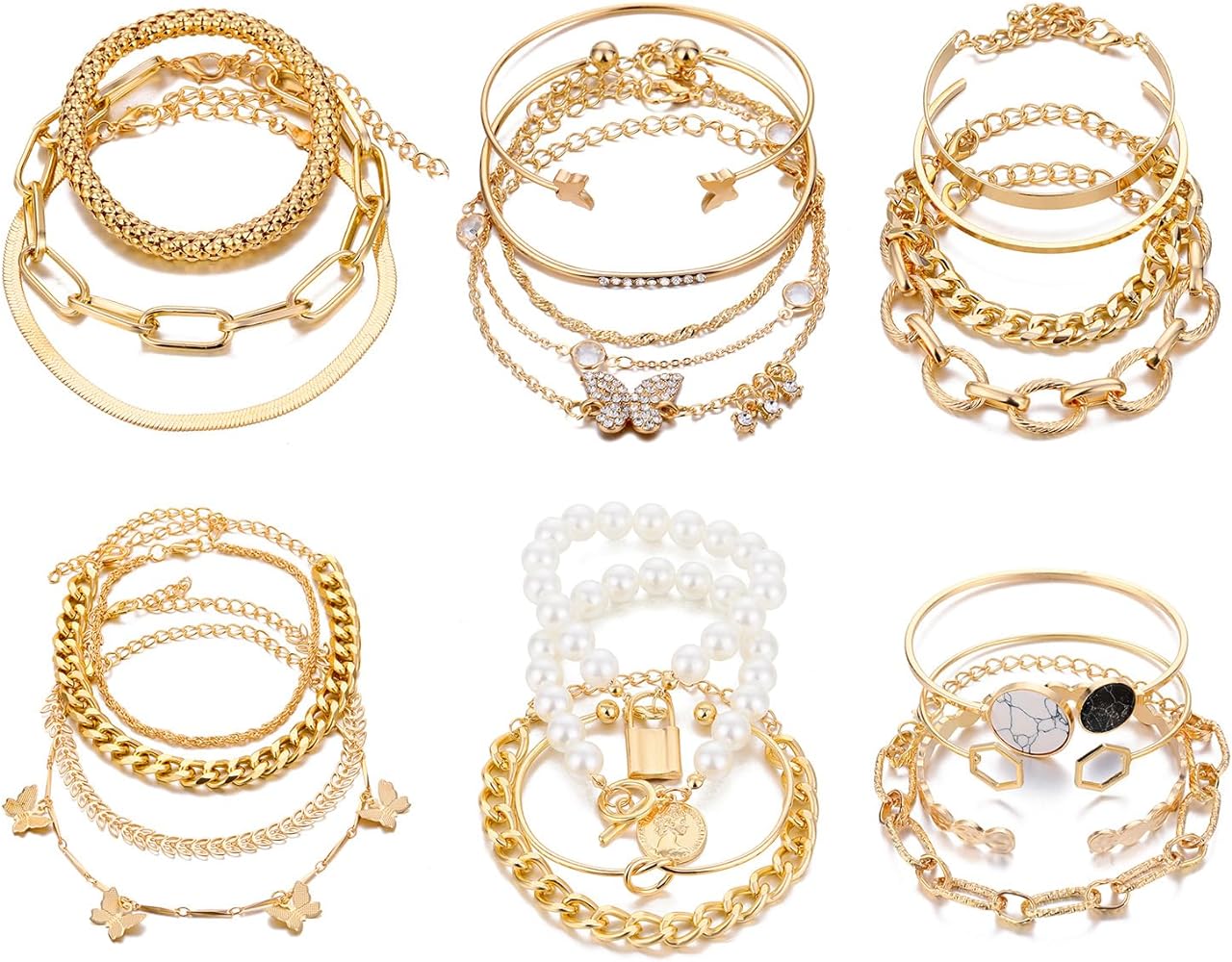 IFKM 6 PACK (24 PCS) Boho Gold Chain Bracelets Set for Women, 14K Gold Plated Multiple Layered Stackable Open Cuff Wrap Bangle Adjustable Link Italian Cuban Jewelry for Women Gift