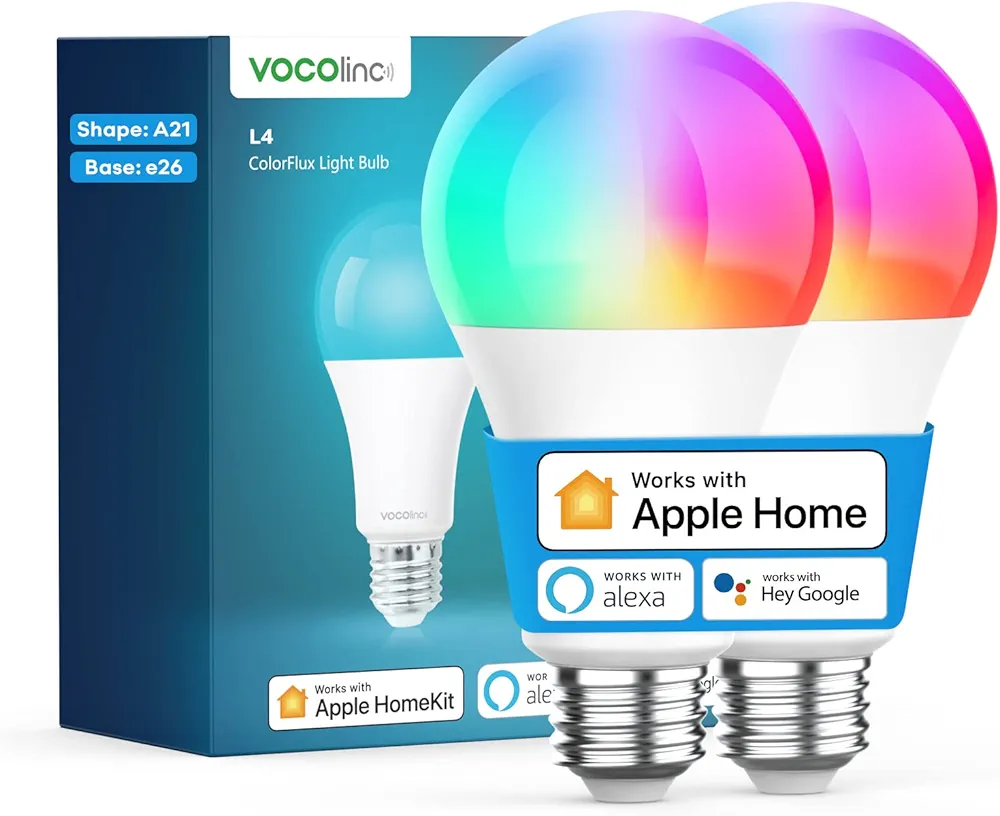 VOCOlinc Smart Light Bulb Works with Apple Homekit, Alexa, Google Home, Full Color Changing WiFi LED Bulbs, 850 Lumens Dimmable Multicolor 2200K-7000K, A21, 9.5W, 2 Pack