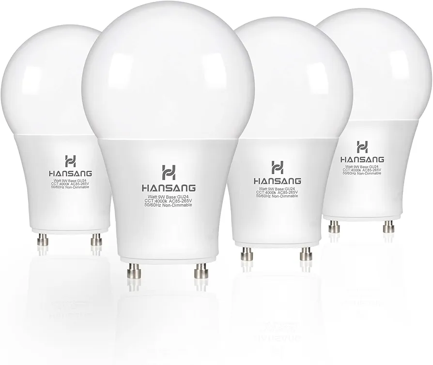 hansang GU24 LED Light Bulb 9W Equivalent 100W, Two Prong Light Bulb A19 Shape 4000K Natural White, GU24 Twist Lock Base 2 pin led Light Bulb, 900 Lumens Non-Dimmable for CFL Replacement, 4 Pack
