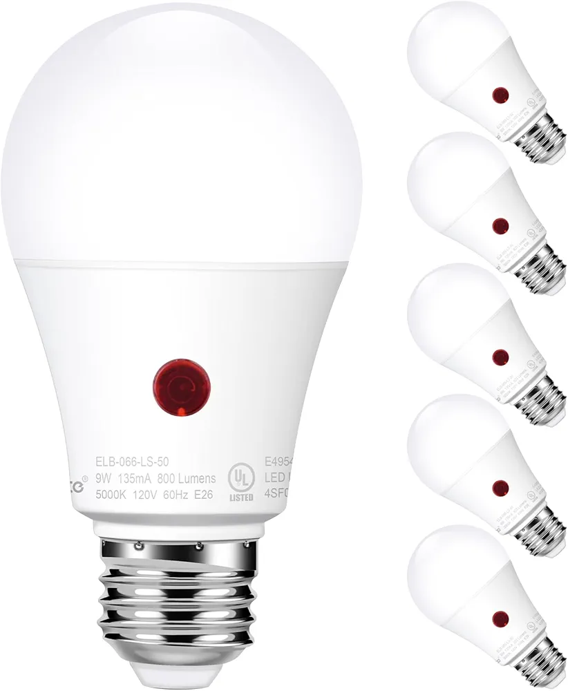 Emotionlite Dusk to Dawn Sensor Light Bulbs Outdoor, Neutral White LED Bulbs, 60 Watt Equivalent, Automatic On/Off, Porch, Patio, Garage, Hallway, Basement, A19 Size, 9W, E26 Medium Base (6 Pack)