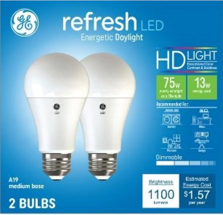 GE Refresh LED Light Bulbs, 75 Watt, Daylight, A19 (2 Pack)
