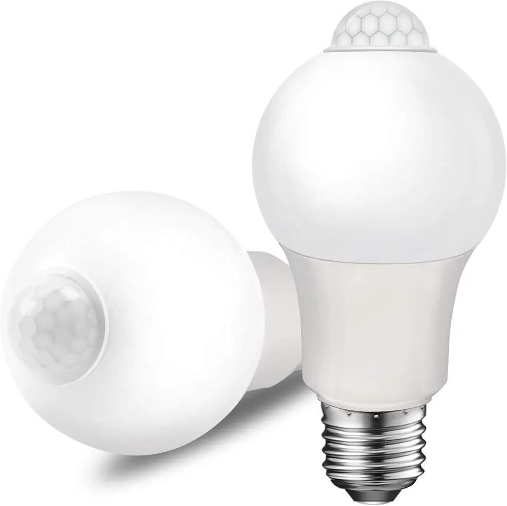 Energetic Motion Sensor Light Bulb, 8.5W (60 Watt Equivalent) E26 Motion Activated Dusk to Dawn Security Light Bulb for Front Door Porch Garage Basement Hallway Closet, 3000K Warm White, 2 Pack