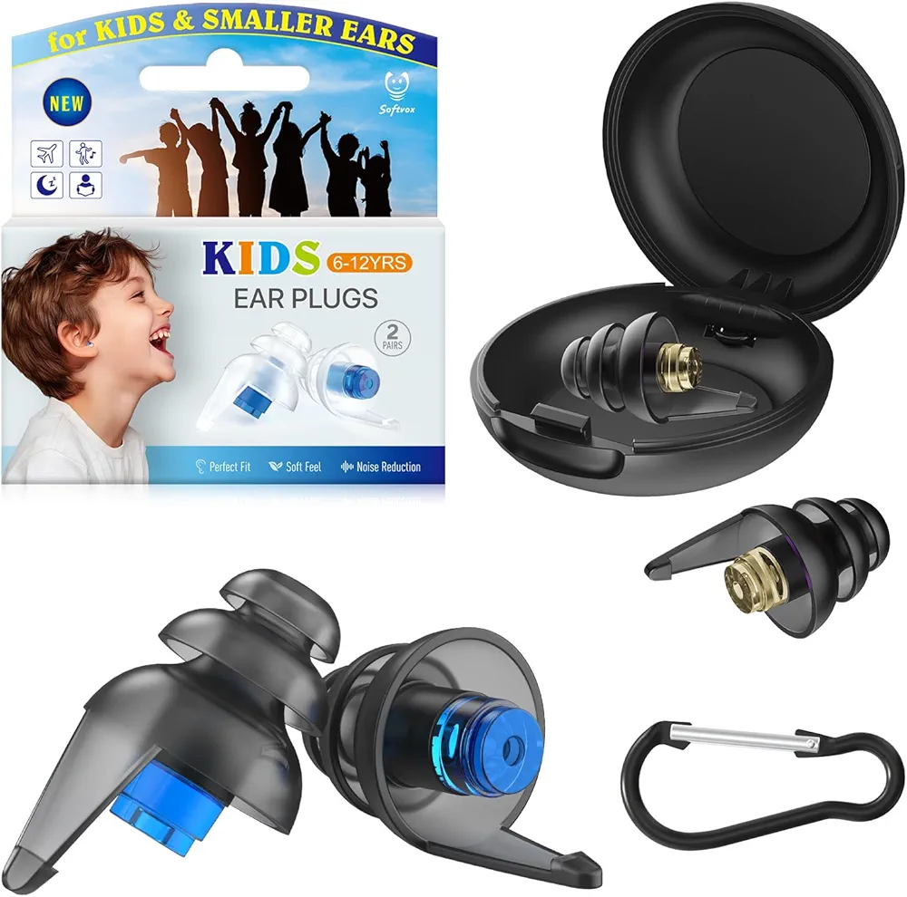 Kids Ear Plugs 2 Pairs, Reusable Noise Reduction Small Earplugs for Airplane, Focus, Studying, Travel, Concerts, Socializing Sports, Noise Sensitivity, Fireworks, Monster Jam, 2 Sizes, Blue+Gold