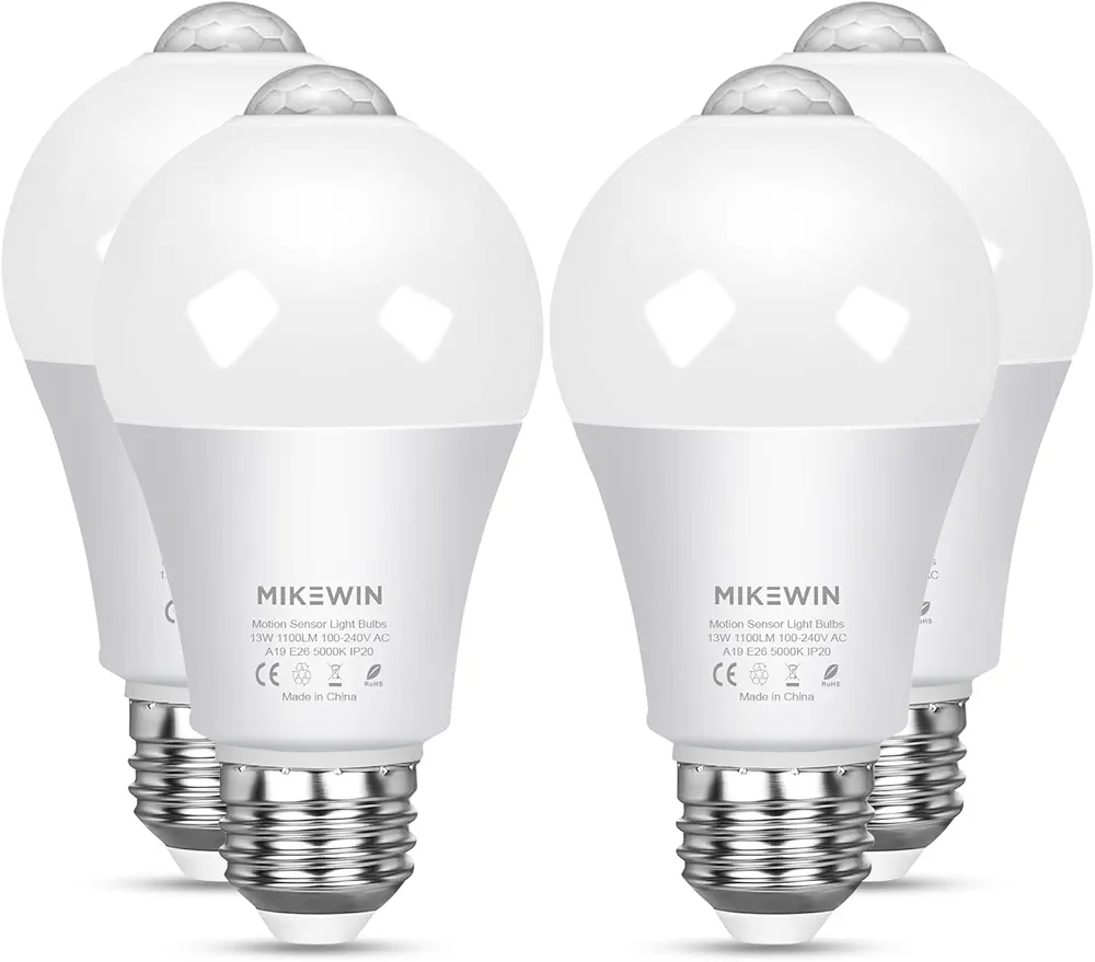 MikeWin Motion Sensor Light Bulbs Outdoor 4 Packs 13W(100W Equivalent) Security LED Bulb, Indoor E26, A19, 5000K Daylight Dusk to Dawn Bulb for Garage Front Door Porch Stairs Hallway