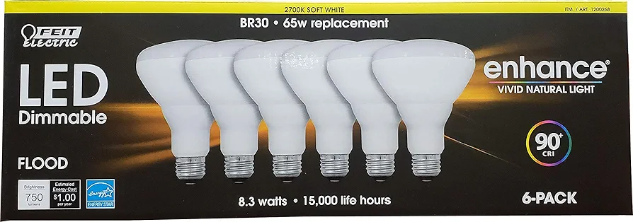 Feit Electric Dimmable Led BR 30 Flood 65W Soft White, 6 Count