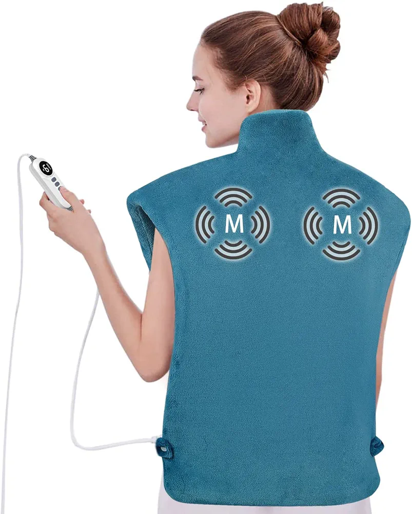 Heating Pad with Massager for Neck and Shoulders, Wearable Electric Heating Pads for Back Pain Relief, Auto-Shut Off, 6 Heat Settings, 4 Massage Modes, Large Size, UL Certified, Blue