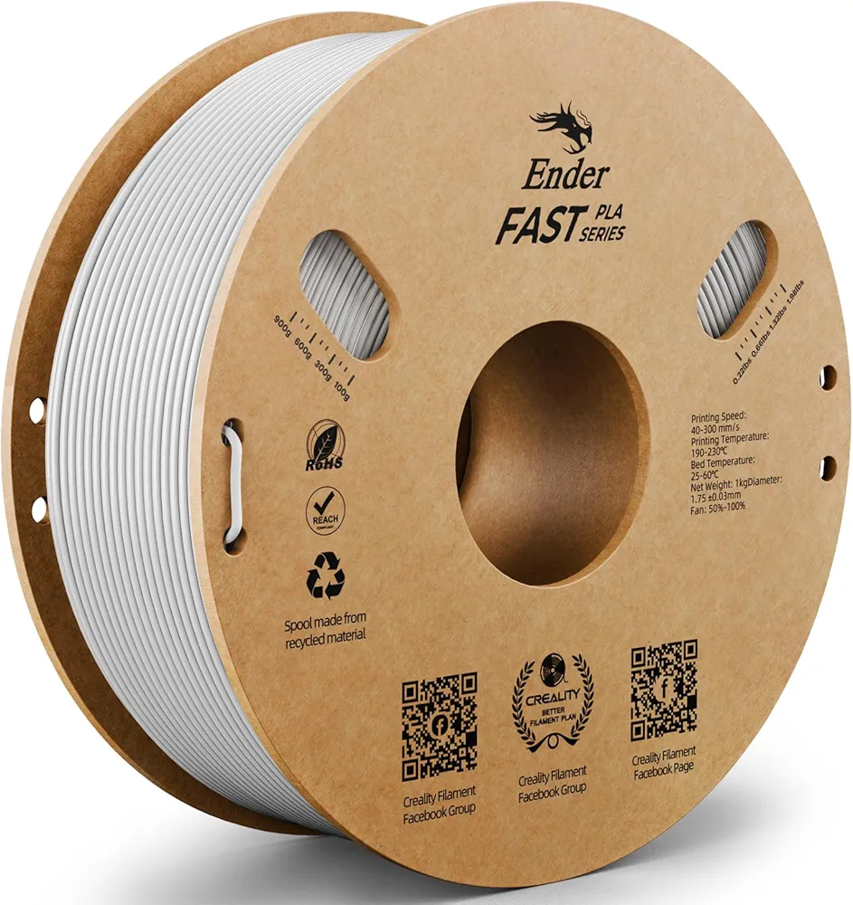 CREALITY Ender Fast PLA Filament 1.75mm, High Speed Black PLA 3D Printer Filament, 1kg (2.2lb) Neatly Wound Cardboard Spool, Dimensional Accuracy +/- 0.03mm, Fit for Most Rapid FDM 3D Printers(White)