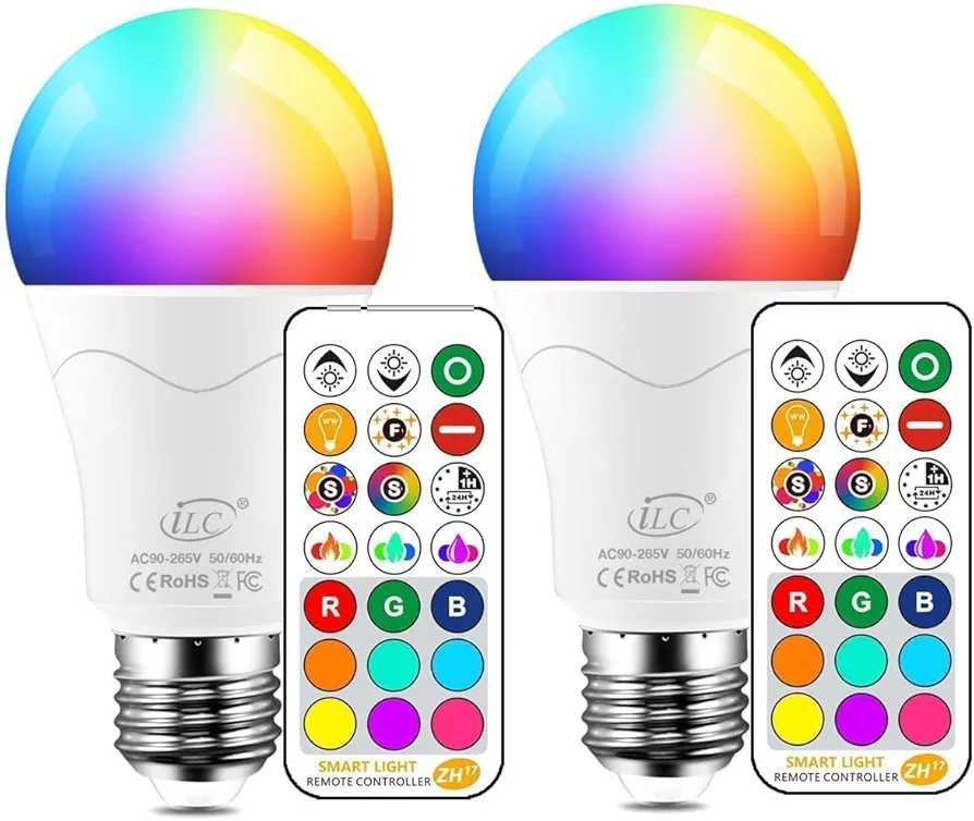 ILC LED Light Bulb 85W Equivalent, Color Changing Light Bulbs 2700K Warm White, Remote Control RGB 6 Modes, Timing, Sync, Dimmable E26 Screw Base (2 Pack)