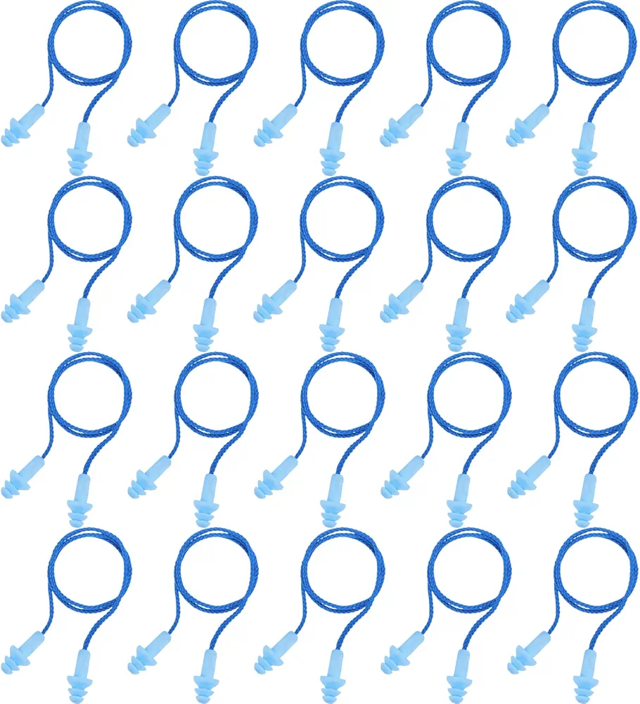 Bememo 20 Pairs Corded Ear Plugs Reusable Silicone Earplugs with String Banded Ear Plug Sleep Noise Cancelling for Hearing Protection (Blue)