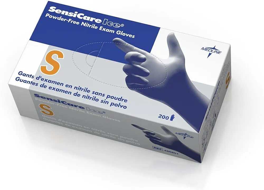 Medline SensiCare 200 Nitrile Exam Gloves, Disposable, Powder-Free, Blue, Small, Box of 200