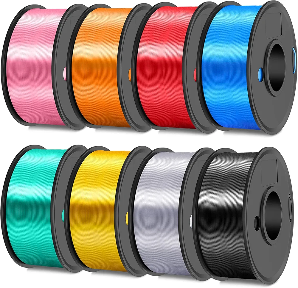 JAYO Silk PLA Filament Bundle 1.75mm, Silk 3D Printer Filament Bundle Multicolor, Individually Vacuum Packed, 8 Pack, Shiny Silk 2KG in Total, Light Gold+Silver+Black+Blue+Red+Green+Orange+Pink