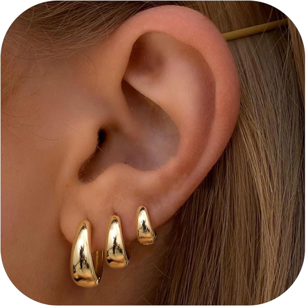 BESTEEL 3Pairs Gold Hoop Earrings Set for Women Chunky Gold Silver Hoop Earrings 14K Gold Filled Hypoallergenic Small Huggie Hoop Earrings Tiny Gold Trendy Thick Hoop Earrings Stacks for Multiple Piercing
