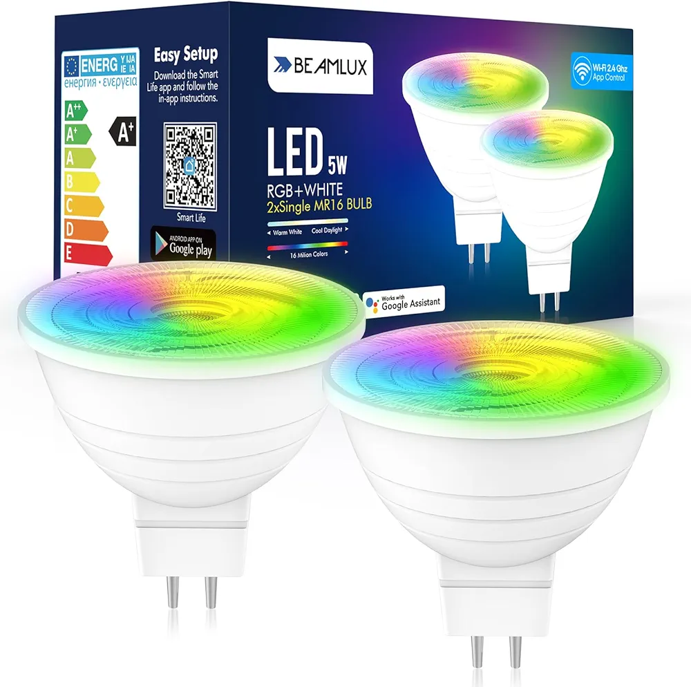 Smart WiFi MR16 Color Changing led Bulbs, Dimmable with App Control, 40° Beam Angle AC/DC12V GU5.3 Base, Compatible with Alexa and Google Home Assistant, No Hub Required 2 Pack (Wi-Fi)