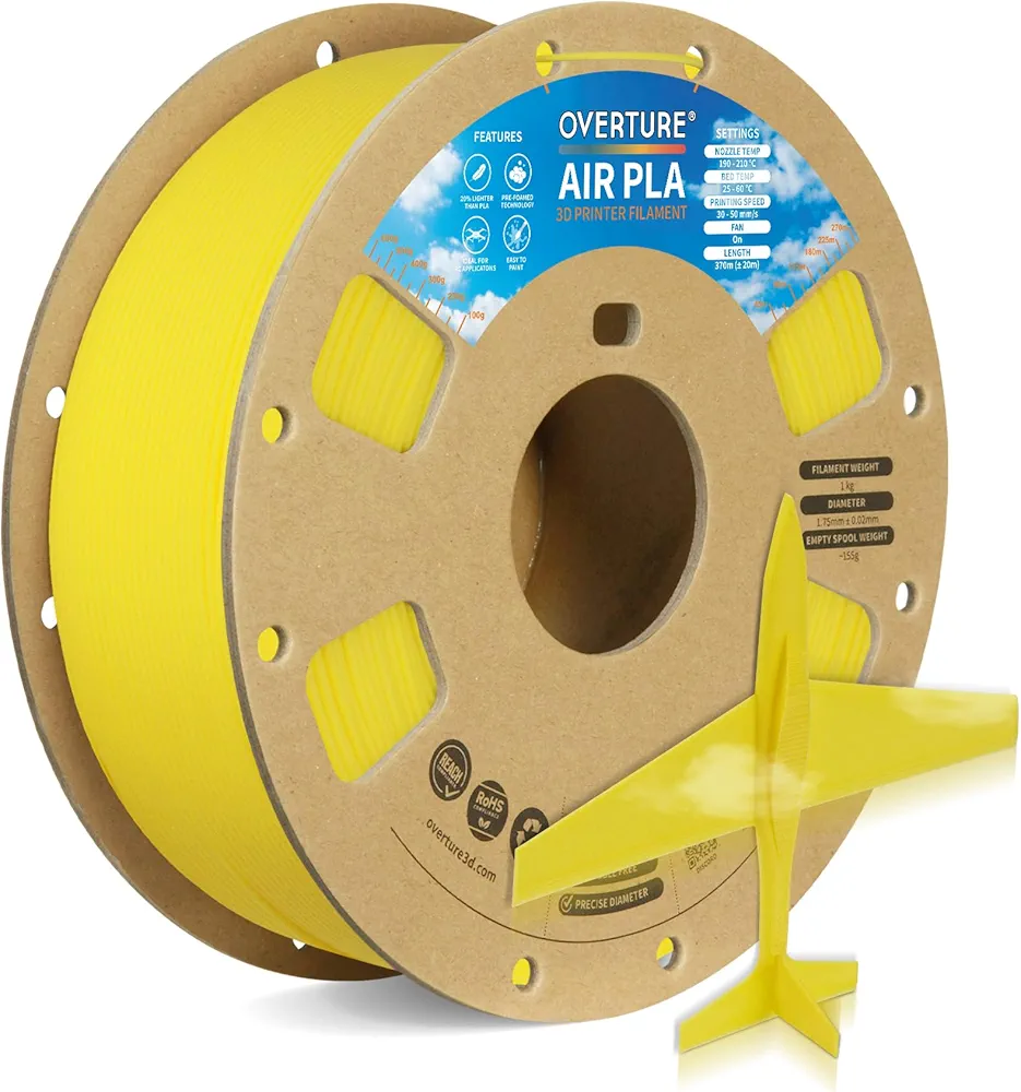 OVERTURE Air PLA Filament, Pre-Foamed PLA Low-Density, Lightweight PLA, Cardboard Spool, 0.82kg(1.8lbs), Dimensional Accuracy +/- 0.02mm (Air Yellow)