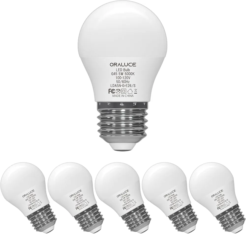 ORALUCE A15 LED Bulb 5 Watts Daylight White 5000K,40W Equivalent Table Lamp Bulb, E26 Standard Screw Base G45 Shape Small Light Bulbs for House Lighting,450 Lumens,Non-Dimmable,6 Pack