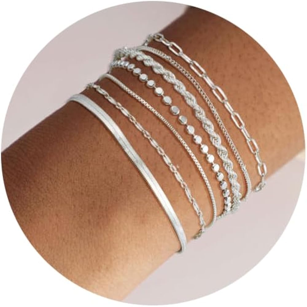 Kyerlyn Silver Bracelets for Women Trendy Waterproof Silver Dainty Bracelet Stack Adjustable Layered Bracelet Set Minimalist Fashion Jewelry