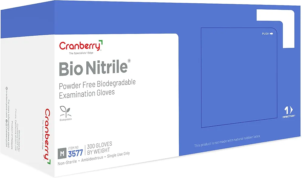 Cranberry USA Cranberry Bio Nitrile Exam Gloves, Pack of 300, Medium, Blue, Biodegradable, 2.2 Mil