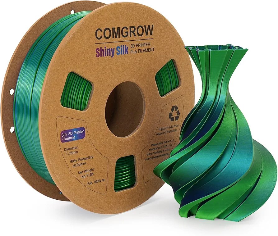 Comgrow Silk PLA 3D Printer Filament, Dual Color 2 in 1 Black and Green, 3D Printing PLA Filament 1.75mm, Dimensional Accuracy +/- 0.02 mm, 1KG Spool, Coextrusion Shiny Silk 3D Filament