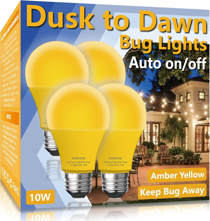 Dusk to Dawn Bug Light Bulb Outdoor,4 Pack Amber Bug Light Bulb,Auto On/Off,10W(100W Equivalent),E26 Base,Bug Lights for Outside.Home Hallway Porch Lights.Decorative Lamps.Bedroom