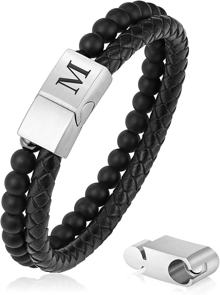 LUXEJEW Gifts for Men - Mens Bracelet, Beaded Leather Initial Bracelet 6mm Matte Agate Stone Handmade Bracelets Adjustable Stainless Steel Magnetic Clasp Mens Jewelry Gifts