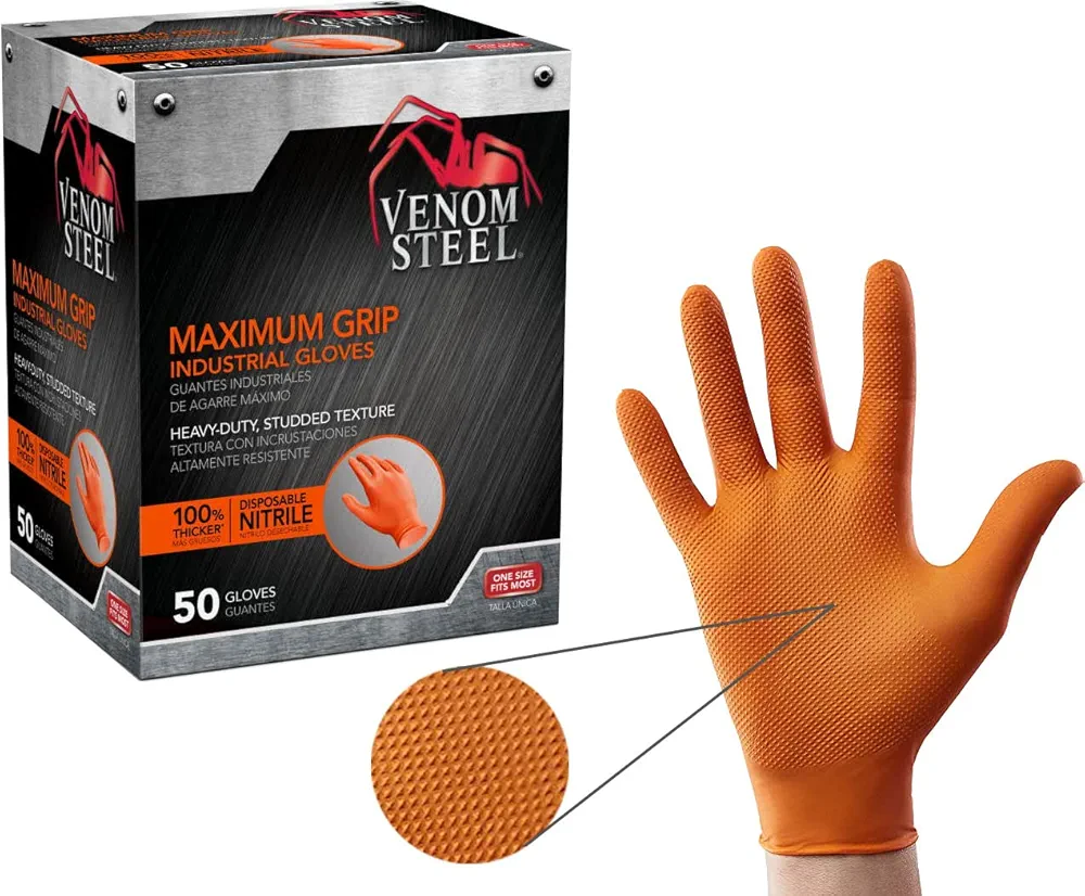 Venom Steel Orange Nitrile Gloves, 8 mil Thick, 50 Count, Maximum Grip Textured Disposable Gloves, Puncture and Rip Resistant, Hi-Visibility Orange, One Size Fits Most