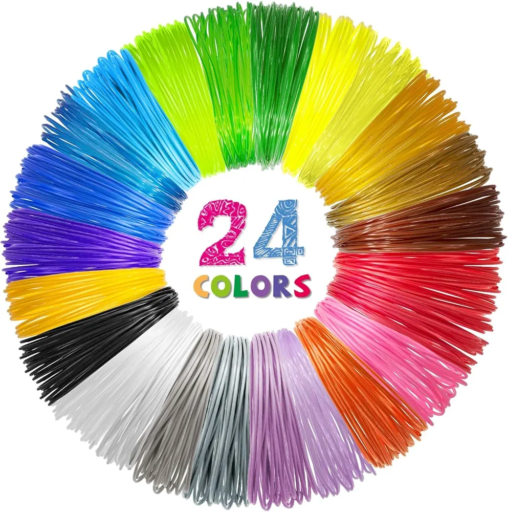 24 Colors 3D Pen Filament. Includes 20 Vibe Colors and 4 Glow in Dark Colors. 10 Feet, 1.75mm Each. PLA Kids Safe Refill