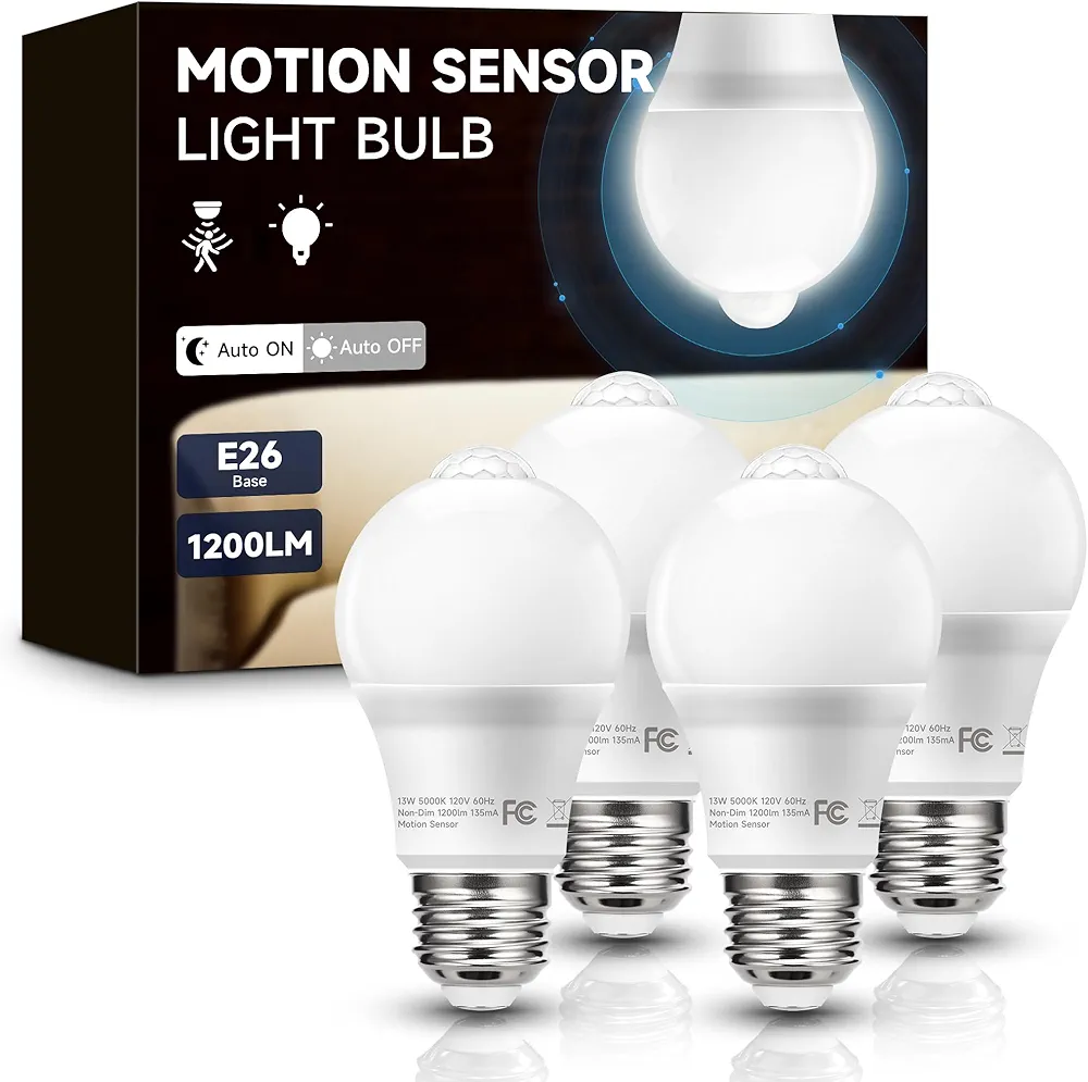 Motion Sensor Light Bulbs 4 Packs, 13W A19 Equivalent 100W, E26 Motion Activated Dusk to Dawn Security LED Bulb, 5000K Daylight, Motion Sensor Light Indoor, Lighting for Outdoor Garage Porch Stair
