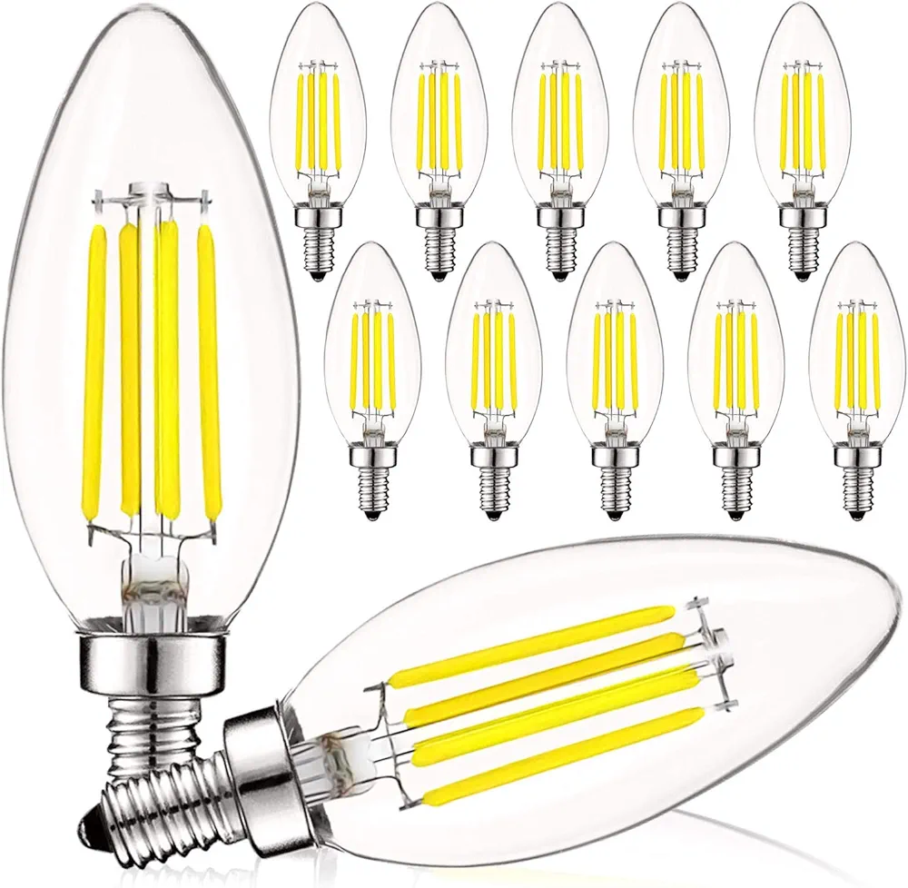 LUXRITE Vintage Candelabra LED Bulb 60W Equivalent, 550 Lumens, 5000K Bright White, LED Chandelier Light Bulbs 5W, Dimmable, Torpedo Tip Clear Glass, Filament LED Candle Bulbs, E12 Base (12 Pack)