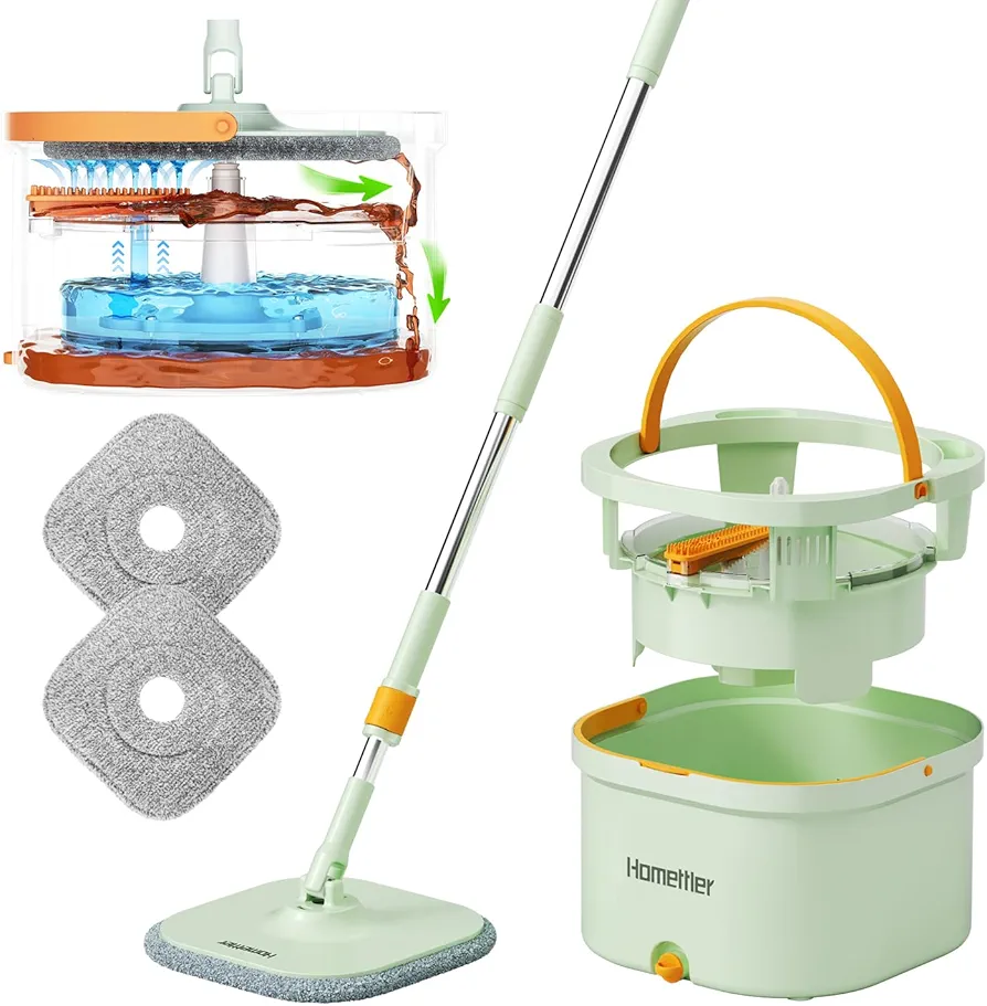 Mop and Bucket with Wringer Set for Home with 2 Microfibra Replaceable Mop Pads, Self Separation Dirty and Clean Water System, Self Wringing 360° Rotating Square Mop-Head
