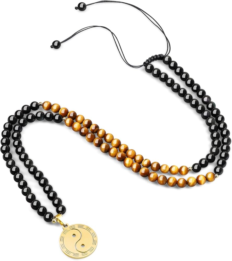 COAI Yin Yang Black Obsidian Necklace 108 Mala Beads Stone Beaded Necklace