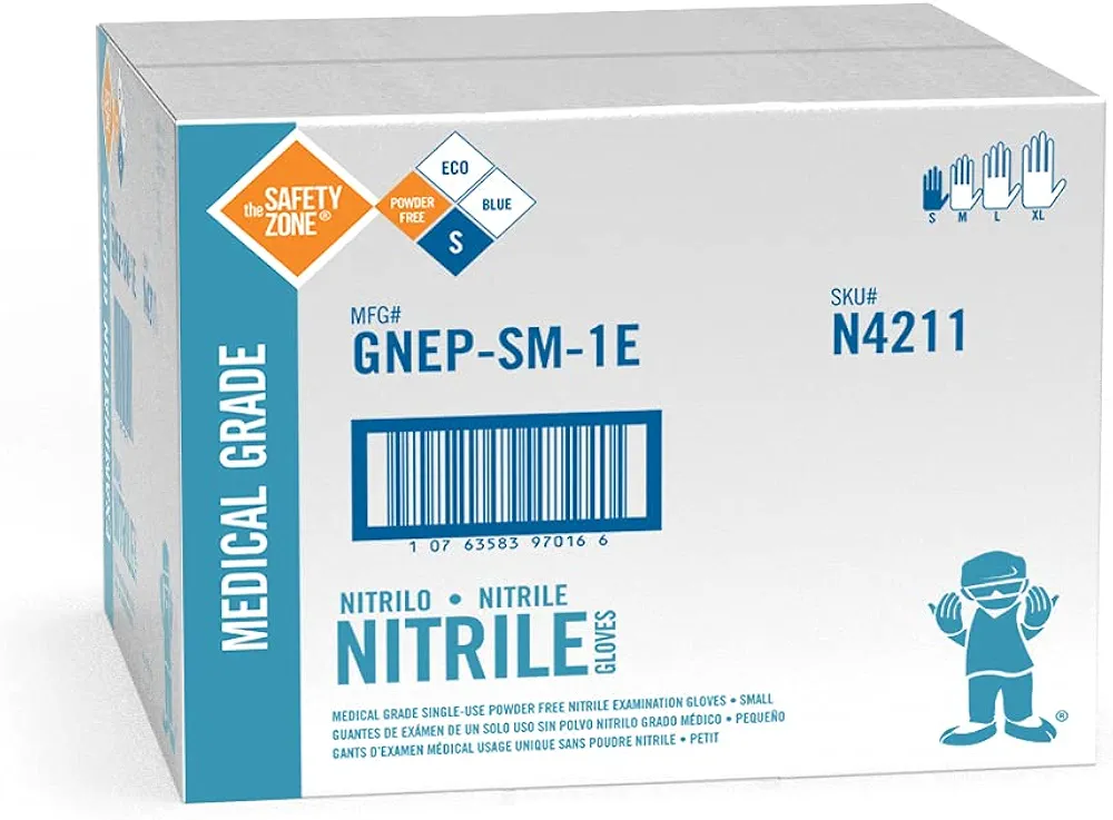 The Safety Zone GNEP-SM-1E Nitrile Exam Gloves, Blue, Case of 1000, Small