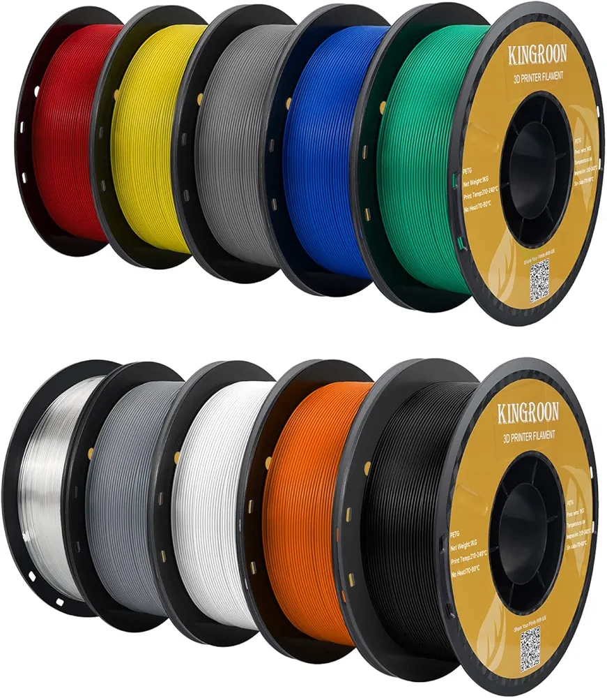 Kingroon PETG 3D Printer Filament, 10 Rolls, Dimensional Accuracy +/- 0.03 mm, 1kg Spool(2.2lbs), 1.75 mm，10KG Ten Colors Black White Grey Red Blue Green Yellow Orange Transparent Silver