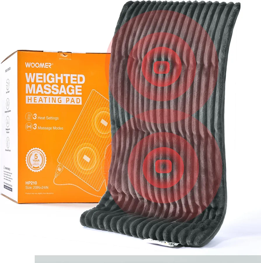 WOOMER Weighted Massage Electric Heating Pad for Back Pain, Neck and Shoulders Cramps Relief, 12’’x24’’, 2.2lb BPA-Free and Non-Toxic Beads, 3 Heat Settings, 3 Massage Modes, 2h Auto-Off