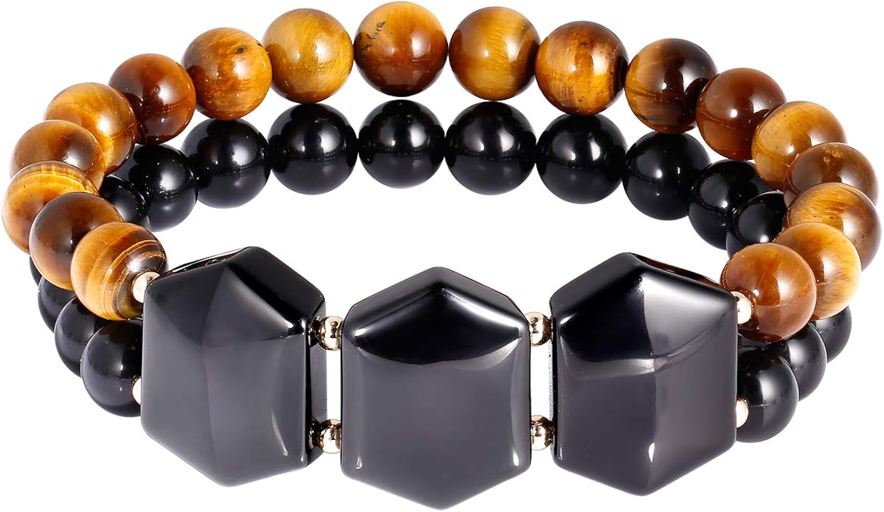 Jewever Hexagon Black Obsidian with Tiger Eye Stone Bracelet for Women Men 8mm Beads Healing Energy Stretch