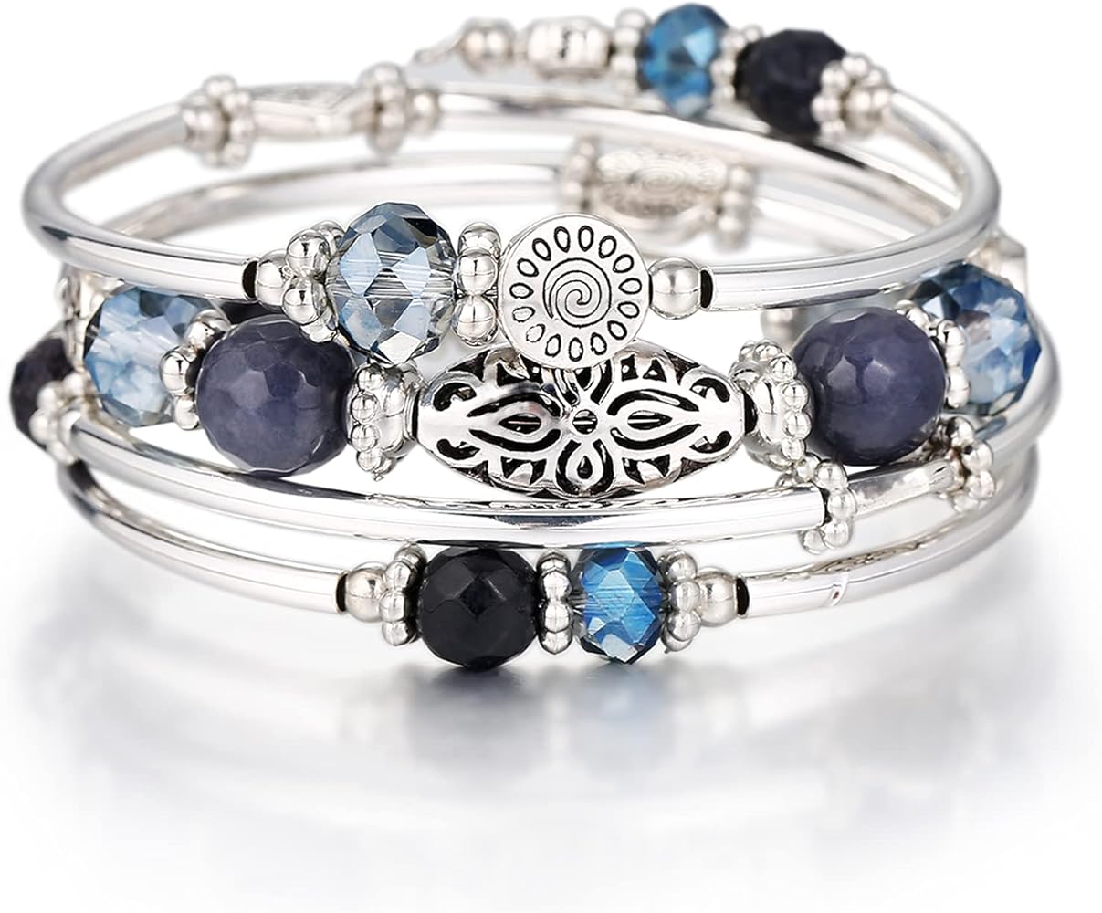 FULU AUTUMN Stackable Beaded Bracelets for Women Boho Wrap Silver Bracelet Layered Fashion Jewelry Gifts for Her