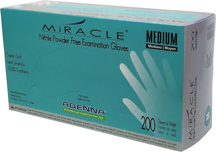 Adenna MIR165 Miracle 3.5 mil Powder-Free Nitrile Exam Gloves, Medical Grade, Blue, Medium, Box of 200